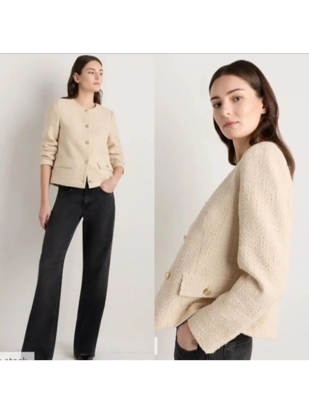 Quince Womens Size Large Stretch Tweed Collarless Jacket Ivory Coast Long Sleeve - Picture 1 of 16